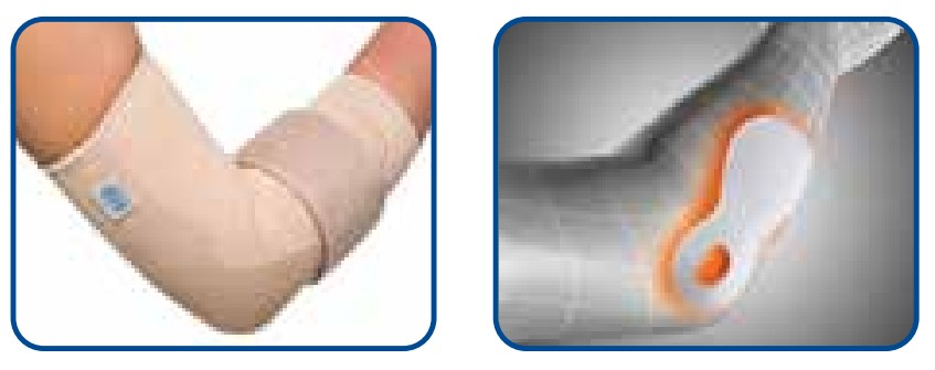 p707 Gomitiera in elastico con pressori bilaterali in silicone inclusiva di una fascia pressoria per stabilizzare i tendini gomito